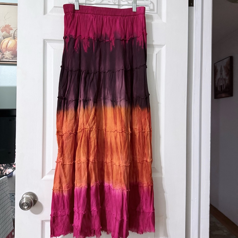 New Directions Tie Dyed Ombré Tiered Maxi Skirt Red Orange Peasant Boho Sm